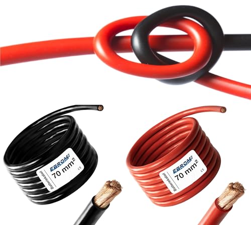 EBROM HI-FLEX - 5 Meter hochflexibles Batteriekabel - rot und schwarz - Pluskabel und Massekabel - 70mm2 | 70 mm² | 70 mm2 - Vollkupfer 99,9% OFC Kupfer Stromkabel - Ihre Länge: je 5 Meter von EBROM
