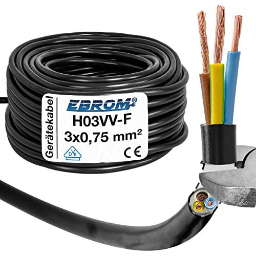 EBROM Kunststoff Schlauchleitung RUND, Kabel, Stromkabel, Leitung, Gerätekabel H03VV-F 3x0,75 mm² Farbe: schwarz, viele Längen in 5 Meter Schritten bis 200 Meter 3G0,75 mm2, Ihre Kabellänge: 10 Meter von EBROM