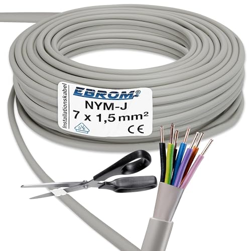 EBROM – NYM-J 7x1,5 mm² (mm2) Mantel GRAU, 7 Litzen FARBIG zur perfekten Zuordnung bei der Installation, sehr viele Längen! 99,9% OFC Kupfer - Mantelleitung - Installationsleitung, Länge: 30 Meter von EBROM