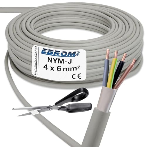 EBROM NYM-J 4x6 mm² - Mantelleitung - Installationskabel - Feuchtraumkabel - grau - Auswahl in 1 Meter Schritten - Meterware auf den Meter genau - Ihre Auswahl: NYM-J 4x6 mm2 25 Meter von EBROM