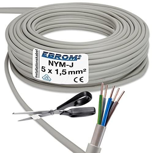 EBROM NYM-J 5x1,5 mm² - Mantelleitung - Installationskabel - Feuchtraumkabel - grau - Auswahl in 1 Meter Schritten - Meterware auf den Meter genau - Ihre Auswahl: NYM-J 5x1,5 mm2, 25 Meter von EBROM