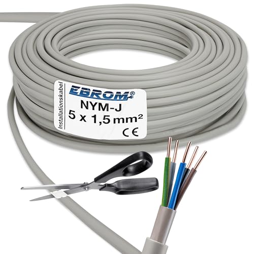 EBROM NYM-J 5x1,5 mm² - Mantelleitung - Installationskabel - Feuchtraumkabel - grau - Auswahl in 5 Meter Schritten, Meterware auf den Meter genau - Ihre Auswahl: NYM-J 5x1,5 mm2, Länge: 100 m EBROM NYM-J 5x1,5 mm² - Mantelleitung - Installationskabel - Feuchtraumkabel - grau - Auswahl in 5 Meter Schritten, Meterware auf den Meter genau - Ihre Auswahl: NYM-J 5x1,5 mm2, Länge: 100 m von EBROM