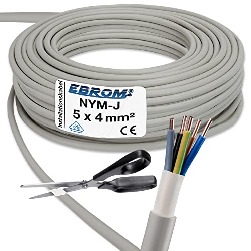 EBROM NYM-J 5x4 mm² Mantelleitung -viele Längen- Installationsleitung Installationskabel Feuchtraumkabel -grau- für die feste Verlegung in trockenen und feuchten Räumen 5x4 mm2, Ihre Länge: 18 Meter von EBROM