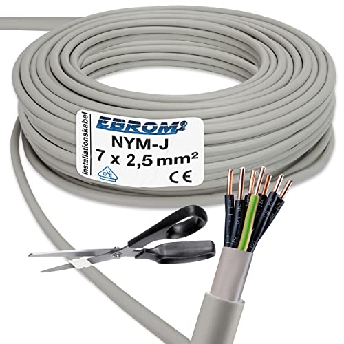 EBROM NYM-J 7x2,5 mm² - Mantelleitung - Installationskabel - Feuchtraumkabel - grau - Auswahl in 1 Meter Schritten - Meterware auf den Meter genau - Ihre Auswahl: NYM-J 7x2,5 mm2, Länge: 70 Meter von EBROM