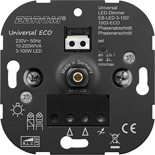 EBROM Unterputz UNIVERSAL LED Dimmer “der AllesDimmer" Drehdimmer Phasenabschnitt + Phasenanschnitt LED 3-100 Watt dimmbare Halogen etc 10-220 W/VA, passt zu Busch Jäger, Gira, Jung, 5 Jahre Garantie von EBROM