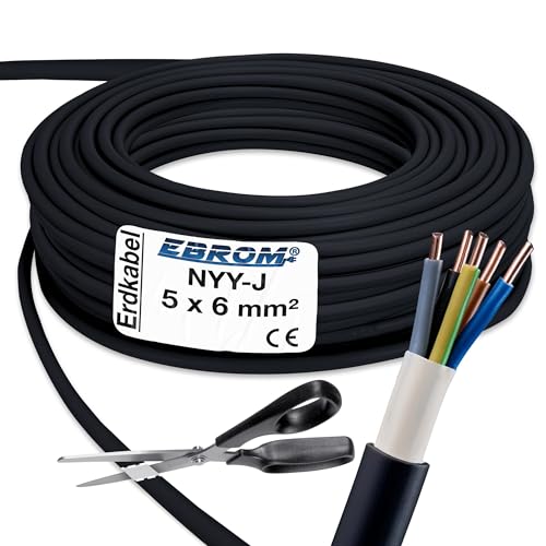 EBROM Erdkabel NYY-J 5x6 mm² - Starkstromkabel - PVC Erdleitung - schwarz - Meterware auf den Meter genau - Auswahl in 1 Meter Schritten, viele Längen - NYY-J 5x6 mm2 - Ihre Länge: 100 Meter von EBROM