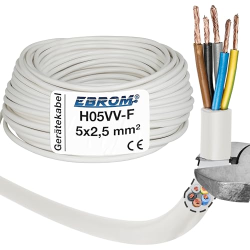 EBROM Herdanschlussleitung Herdanschlusskabel H05VV-F 5G2,5 mm² - 5x2,5 mm² - weiß - 5 m 10 m oder 15 Meter von EBROM