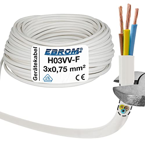 Kunststoff Schlauchleitung rund Kabel Leitung Gerätekabel H03VV-F 3x0,75 mm² 3G0,75 (mm2) - Farbe: weiß 10m/15m/20m/25m/30m/35m/40m/45m/50m/55m/60m usw. bis 200 m in 5 Meter Schritten frei wählbar von EBROM