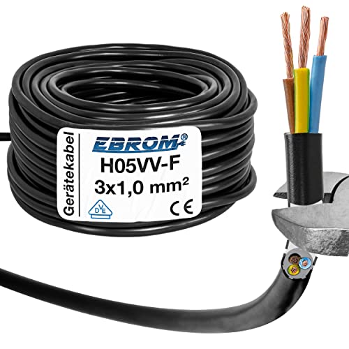 Kunststoff Schlauchleitung rund Kabel Leitung Gerätekabel H05VV-F 3x1,0 mm² 3G1 (mm2) - Farbe: schwarz 5m/10m/15m/20m/25m/30m/35m/40m/45m/50m/55m/60m usw. bis 100 m in 5 Meter Schritten frei wählbar von EBROM