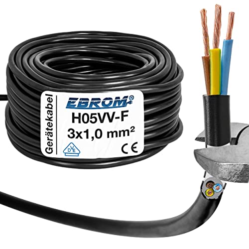 EBROM Kunststoff Schlauchleitung RUND, Kabel, Stromkabel, Leitung, Gerätekabel H05VV-F 3x1,0 mm² 3G1 mm2 - Farbe: schwarz - Viele Längen in 5 Meter Schritten bis 150 Meter, Ihre Kabellänge: 15 Meter von EBROM