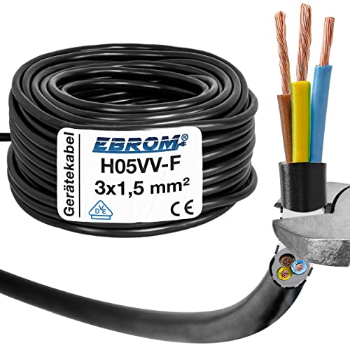 EBROM Kunststoff Schlauchleitung RUND, Kabel, Stromkabel, Leitung, Gerätekabel H05VV-F 3x1,5 mm² 3G1,5 mm2 - Farbe: schwarz - Viele Längen in 5 m Schritten bis 150 Meter, Ihre Kabellänge: 15 Meter von EBROM