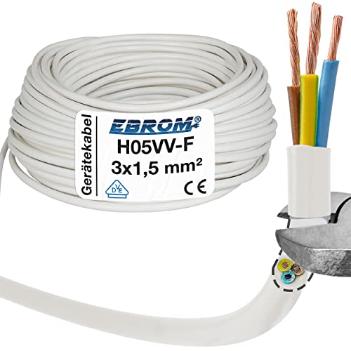 EBROM Kunststoff Schlauchleitung RUND, Kabel, Stromkabel, Leitung, Gerätekabel H05VV-F 3x1,5 mm² 3G1,5 mm2 - Farbe: weiß - Viele Längen in 5 Meter Schritten bis 150 Meter, Ihre Kabellänge: 40 Meter von EBROM