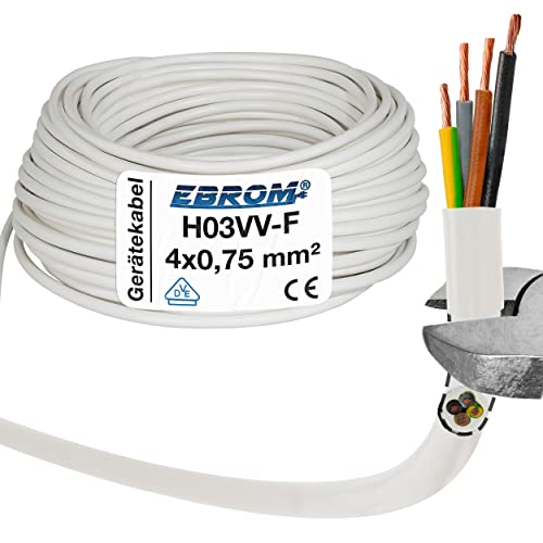 EBROM Kunststoff Schlauchleitung RUND, LED Kabel, Stromkabel, Leitung, Gerätekabel H03VV-F 4x0,75 mm² Farbe: weiß, viele Längen in 5 m Schritten bis 250 Meter 4G0,75 mm2, Ihre Kabellänge: 15 Meter von EBROM