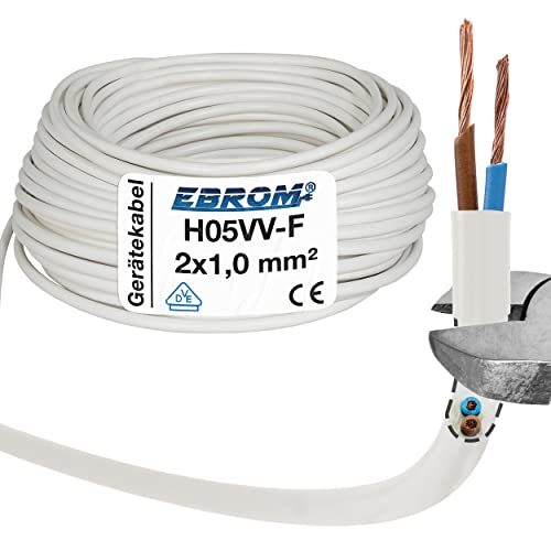 EBROM Kunststoff Schlauchleitung RUND, Kabel, Stromkabel, Leitung, Gerätekabel H05VV-F 2x1,0 mm² Farbe: weiß - Viele Längen in 5 Meter Schritten bis 200 Meter 2x1 mm2, Ihre Kabellänge: 80 Meter von EBROM