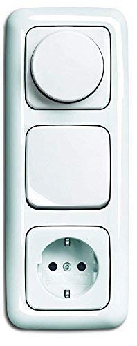 LED Dimmer KomplettSet BUSCH JÄGER, Drehdimmer alpinweiß Reflex SI 6523-U 102 (6523 U-102) in 3fach Rahmen + Steckdose mit integriertem erhöhtem Berührungsschutz (Kinderschutz) + Wippschalter + Wippe von EBROM's BJ Sets