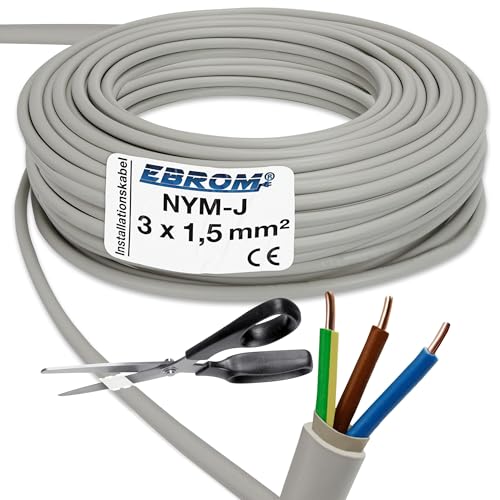 EBROM NYM-J 3x1,5 mm² - Installationskabel - Mantelleitung - Feuchtraumkabel - Installationsleitung - grau - Große Mengenauswahl in 1 Meter Schritten - 3x1,5 mm2, Ihre Längenauswahl: 5 Meter von EBROM