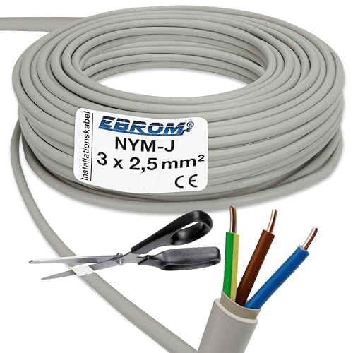 EBROM NYM-J 3x2,5 mm² - Mantelleitung - Installationskabel - Feuchtraumkabel - grau - Auswahl in 1 Meter Schritten - Meterware auf den Meter genau - Ihre Auswahl: NYM-J 3x2,5 mm2, Länge: 15 Meter von EBROM