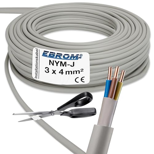 EBROM NYM-J 3x4 mm² - Mantelleitung - Installationskabel - Feuchtraumkabel - grau - Auswahl in 1 Meter Schritten - Meterware auf den Meter genau - Ihre Auswahl: NYM-J 3x4 mm2, Länge: 2 Meter von EBROM