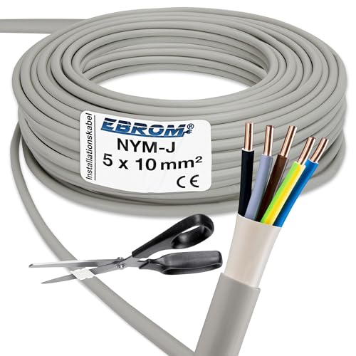 EBROM NYM-J 5x10 mm² - Mantelleitung - Installationskabel - Feuchtraumkabel - grau - Auswahl in 1 Meter Schritten, auf den Meter genau - Ihre Auswahl: NYM-J 5x10 mm2, Länge: 3 Meter von EBROM