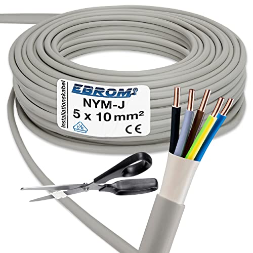 EBROM NYM-J 5x10 mm² - Mantelleitung - Installationskabel - Feuchtraumkabel - grau - Auswahl in 1 Meter Schritten, auf den Meter genau - Ihre Auswahl: NYM-J 5x10 mm2, Länge: 12 Meter von EBROM