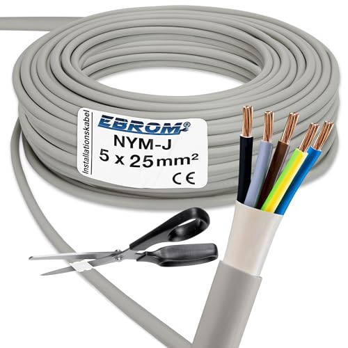 EBROM NYM-J 5x25 mm² - Mantelleitung - Installationskabel - Feuchtraumkabel - grau - Auswahl in 1 Meter Schritten - Meterware auf den Meter genau - Ihre Auswahl: NYM-J 5x25 mm2, 9 Meter von EBROM