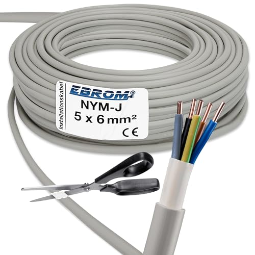 EBROM NYM-J 5x6 mm² - Mantelleitung - Installationskabel - Feuchtraumkabel - grau - Auswahl in 1 Meter Schritten, auf den Meter genau geschnitten - Ihre Auswahl: NYM-J 5x6 mm2, Länge: 26 Meter von EBROM