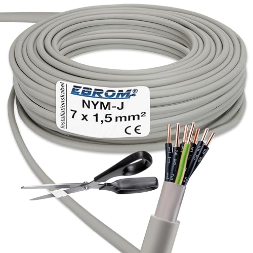 EBROM NYM-J 7x1,5 mm² - Mantelleitung - Installationskabel - Feuchtraumkabel - grau - Auswahl in 1 Meter Schritten - Meterware auf den Meter genau - Ihre Auswahl: NYM-J 7x1,5 mm2, Länge: 11 Meter von EBROM