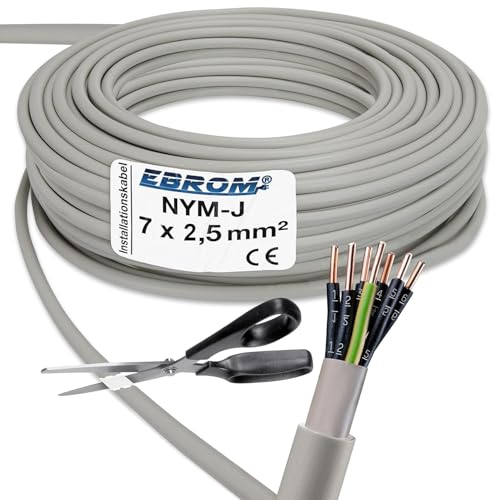 EBROM NYM-J 7x2,5 mm² - Mantelleitung - Installationskabel - Feuchtraumkabel - grau - Auswahl in 1 Meter Schritten - Meterware auf den Meter genau - Ihre Auswahl: NYM-J 7x2,5 mm2, Länge: 25 Meter von EBROM