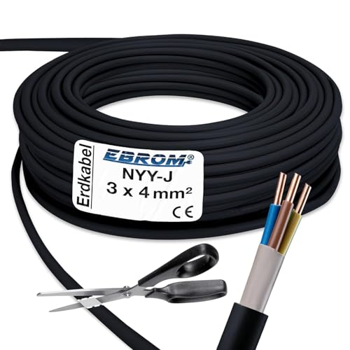 EBROM Starkstromkabel NYY-J 3x4 mm² - Erdkabel - NYY-J 3x4 mm² - schwarz - Meterware auf den Meter genau: Auswahl in 5 Meter Schritten, ab 5 Meter - 3x4 mm2 - Ihre Länge: 40 Meter von EBROM