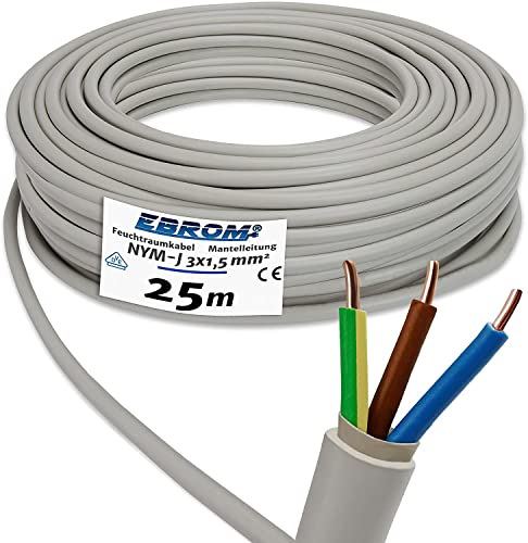 EBROM NYM-J 3x1,5 mm² - Mantelleitung - Installationsleitung - Feuchtraumleitung - grau - große Auswahl in vielen Längen in 5 Meter Schritten bis 250 Meter am Stück - Ihre Länge: 3x1,5 mm2, 25 Meter von EBROM