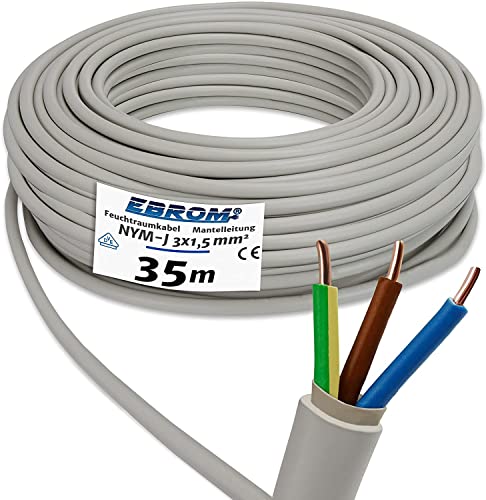 EBROM NYM-J 3x1,5 mm² - Mantelleitung - Installationsleitung - Feuchtraumleitung - grau - große Auswahl in vielen Längen in 5 Meter Schritten bis 250 Meter am Stück - Ihre Länge: 3x1,5 mm2, 35 Meter von EBROM