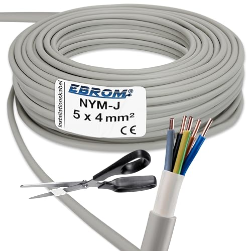 EBROM 10 Meter NYM-J 5x4 mm² - NYM-J 5x4 mm2 - Mantelleitung - Installationsleitung - Feuchtraumkabel - grau - Ihre Länge: 10 Meter von EBROM