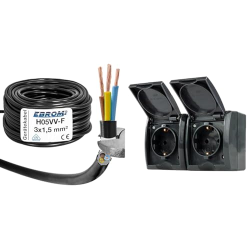 Schlauchleitung Gerätekabel H05VV-F 3G1,5 mm² - 3x1,5 mm² & REV AquaForm, Doppelsteckdose-Feuchtraumsteckdose, IP44, Aufputz, anthrazit Schlauchleitung Gerätekabel H05VV-F 3G1,5 mm² - 3x1,5 mm² & REV AquaForm, Doppelsteckdose-Feuchtraumsteckdose, IP44, Aufputz, anthrazit von EBROM