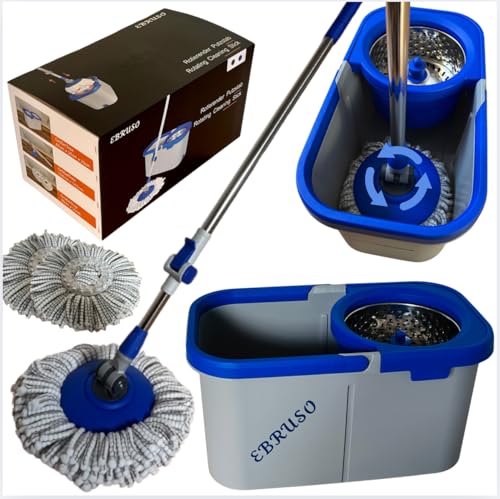 EBRUSO Putzeimer Set – Putzset mit höhenverstellbarem, rotierendem Edelstahl-Stiel (bis 149 cm), 30L Putzeimer & 2 Putzlappen (Ø 30 cm Mop) – Wischmopp Set für Laminat, Fliesen & Parkett (Blau) von EBRUSO