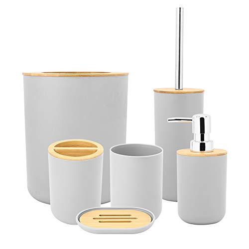 6 Stück Bambus Badezimmer Set mit Lotionspender, Mülleimer, Zahnbürstenhalter, Zahnputzbecher, Toilettenbürste und Seifenschale3 Farben optional (Grau) von EBTOOLS
