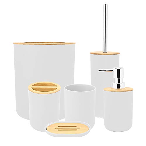6 Stück Bambus Badezimmer Set mit Lotionspender, Mülleimer, Zahnbürstenhalter, Zahnputzbecher, Toilettenbürste und Seifenschale3 Farben optional (Weiß) von EBTOOLS