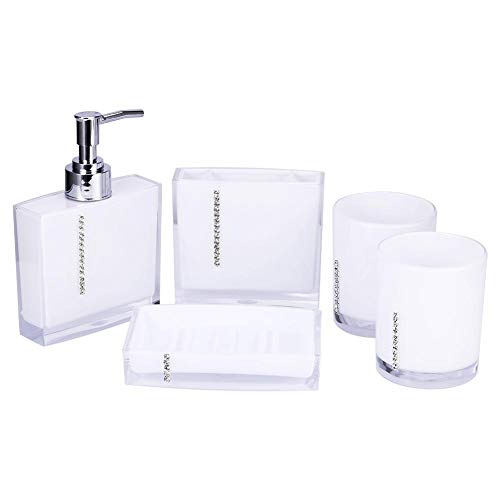 Badezimmer Accessoires Set 5-teilig Acryl Seifenspender, Zahnbürstenhalter, Seifenschale, 2 Zahnputzbecher, Weiß von EBTOOLS