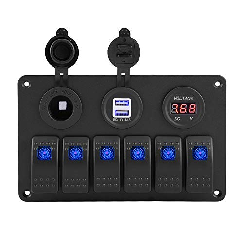 EBTOOLS 12 V 24 V 6 Gang Auto Boot Marine Caravan LED Wippschalter Panel Dual USB Voltmeter Zigarettenanzünder Wasserdichte Wippschalter Panel(Blau) von EBTOOLS