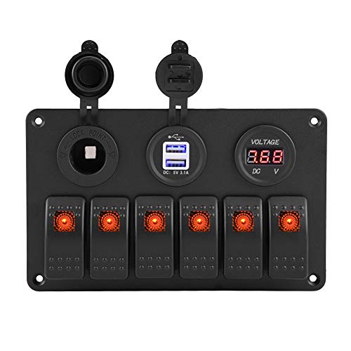 12 V 24 V 6 Gang Auto Boot Marine Caravan LED Wippschalter Panel Dual USB Voltmeter Zigarettenanzünder Wasserdichte Wippschalter Panel(Orange) von EBTOOLS