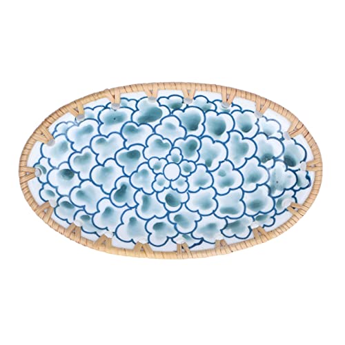 EBTOOLS Elegant Gewebter Rattan und Blue Ceramic Oval Teller für Party, Hochzeit und Verwendung - Jeder Anlass (Tinte Blue Blume kleine Porzellanplatte) von EBTOOLS