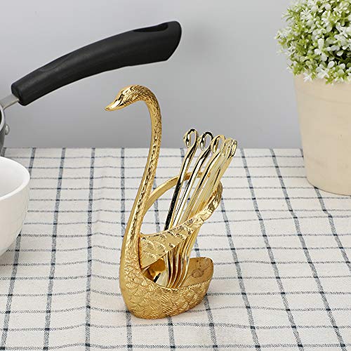 EBTOOLS Elegant -verdrängter Löffel Set mit Federhalter, Edelstahl -Besteck für Kaffee, Desserts und Früchte, Haushaltsgeschirr in Silber (Golden Federschwan plus ein Löffel) von EBTOOLS