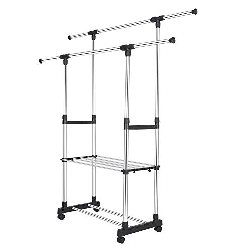 EBTOOLS Garderobenständer mit Doppelstange, Metall Kleiderständer Kleiderstange mit 2 Schichten Schuhregal Trockner Kleiderbügel auf Rollen, Anzug für Balkon und Garten von EBTOOLS