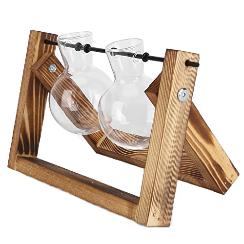EBTOOLS Plant -Terrarium mit Holzständer und Glühbirnenvase - Vintage Tabletop Pflanzer für Haus und Bürodekoration (Retro -Rack + Doppelflasche) von EBTOOLS