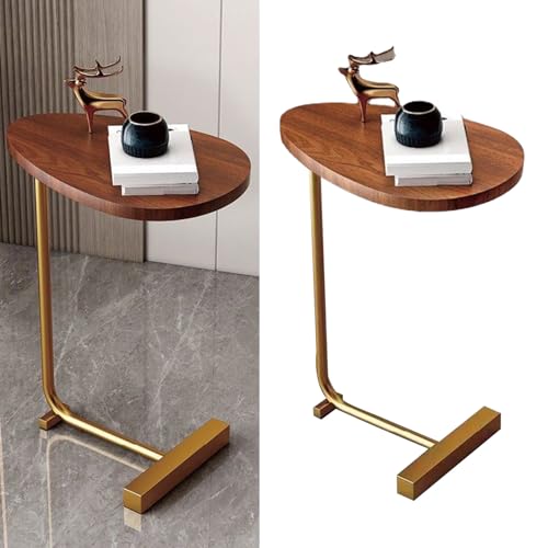 EBTOOLS Stilvoller C-förmiger Kleiner Beistelltisch mit Dunklem Holz Getreide und Metallrahmen für Wohnzimmer oder Schlafzimmer-Raumsparende und Leicht zu Bewegen (Flachdesign und Goldrahmen) von EBTOOLS