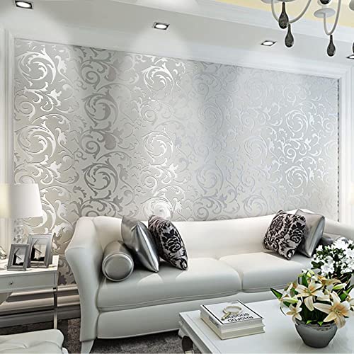 EBTOOLS Vliestapete 3D Luxus Kunst Design Wandpapier Barock geprägt Stil Vlies Premium Deko Wand Papierrollen, silber von EBTOOLS