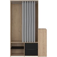 Kimmy Offener Kleiderschrank, mit Vorhang, 2 Schubladen, Schuhschrank Walnuss Dekor, matt schwarz, Vorhang hellgrau. von EBUY24