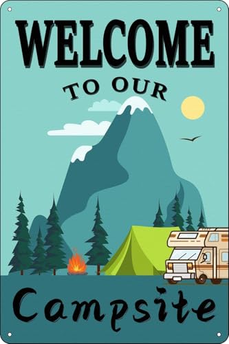 Vintage Metall-Blechschild – Welcome to Our Campsite Wanddekoration – Retro Lustiges Zuhause Wohnzimmer Schlafzimmer Dekor Geschenke – 15,2 x 20,3 cm von EBVUOZ