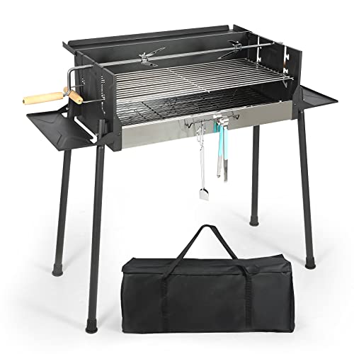 Tragbarer Grill Großer Holzkohlegrill mit versetztem Smoker. Tragbar und verstellbar, ideal for Kochen im Freien. Inklusive klappbarer Seitentische und Materialtisch. von EBZFASO