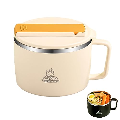 Instant-Nudeln Schüssel, 1300ml Edelstahl Ramen Schüssel Mit Deckel, Tragbare Auslaufsicher Versiegelt Ramen Schüssel Mit Klapplöffel Und Essstäbchen, Wärmeisolierend (Beige) von EBbels