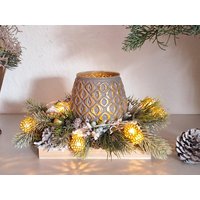 Adventsgesteck Mit Windlicht-Gold-Grün-Länglich-Fensterbank-Tischgesteck-Tischdeko-Weihnachtsdeko-Adventsdeko-Weihnachtskranz-Led-Gesteck von EBmomente